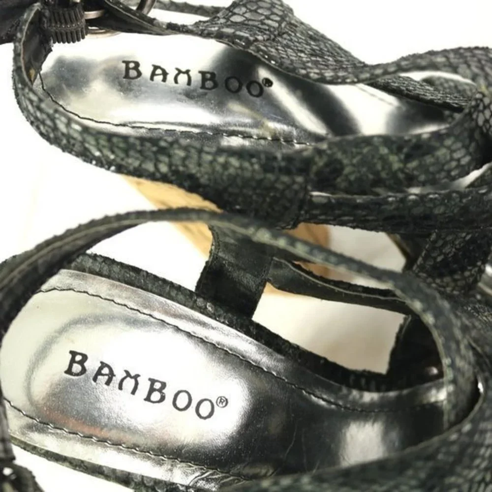 Bamboo Nanette Shoes Heels‎ Sandals Platform Black Silver Snake Cork 7.5
